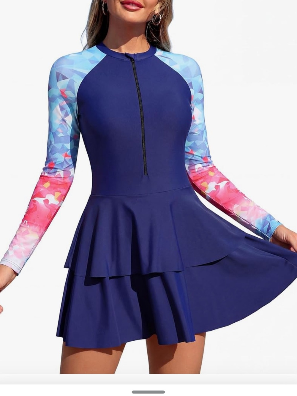 Zaful Navy One-Piece Long Sleeve Modest Swimdress